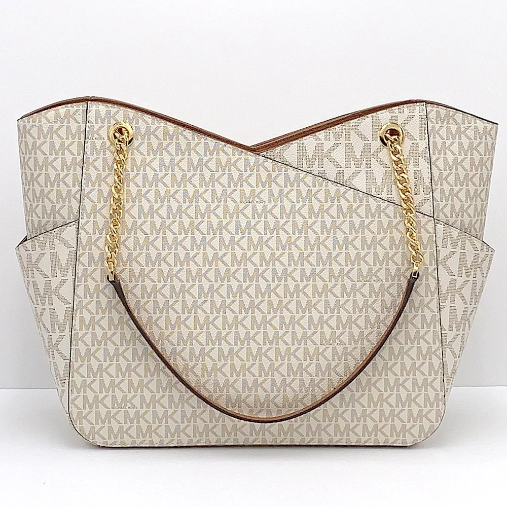 MICHAEL KORS LARGE X CHAIN SHOULDER TOTE VANILLA SIGNATURE